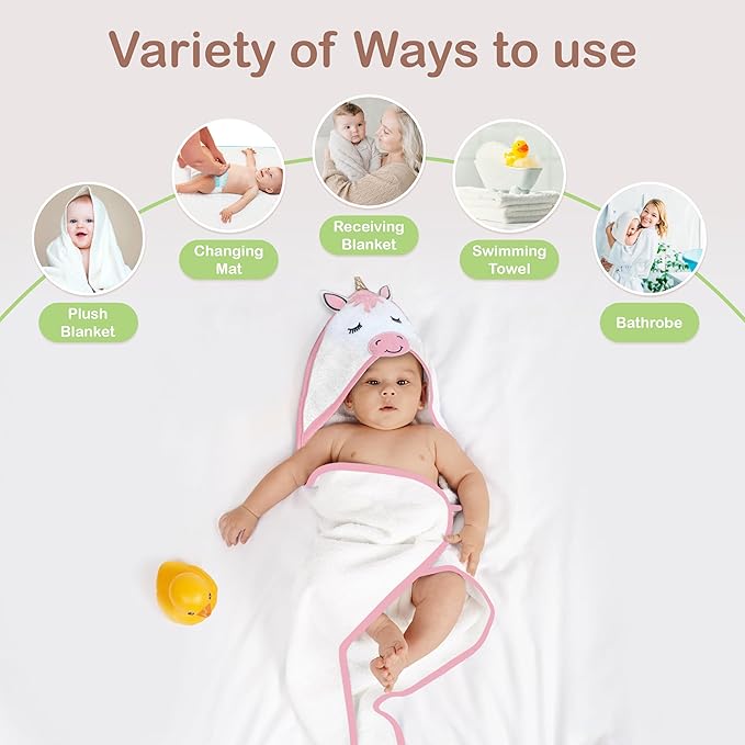Mother's Choice 100% Organic Cotton Hooded Baby Towels - Large Size, Ultra-Soft & Absorbent Baby Towels with Hood for Newborns, Infants, Toddlers, Boys & Girls with Animal Hood (Unicorn)
