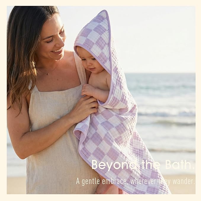 4-Piece Muslin Baby Towel Set - Made with Organic Cotton, (2) 6-Layer Bath Towels 32x32 & (2) Washcloths, Absorbent Bath & Beach, (Lavender)