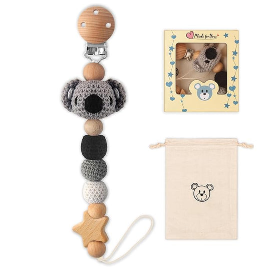 Pacifier Clip, 1 Pack Pacifier Holder Clip for Boys and Girls, Cute Koala Handmade Knitted Pacifier Holder Fits for Most Pacifier, Baby Teethers, Baby Shower and Baby Gift(Koala)