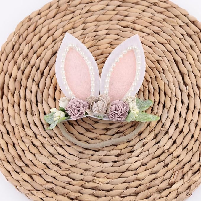 KIDOCHEESE Bunny Headband Bunny Rose Ears Easter Elastic Hairband Baby Girls Flower Crown Spring Floral Headbands (E)