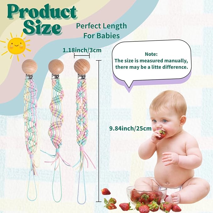 Boho Pacifier Clip for Boys Girls Pacifier Holder Leash Wooden Clips Handmade Braided Cotton Unisex Baby Shower Birthday Gift Christmas Gift (Rainbow - Pattern 5)