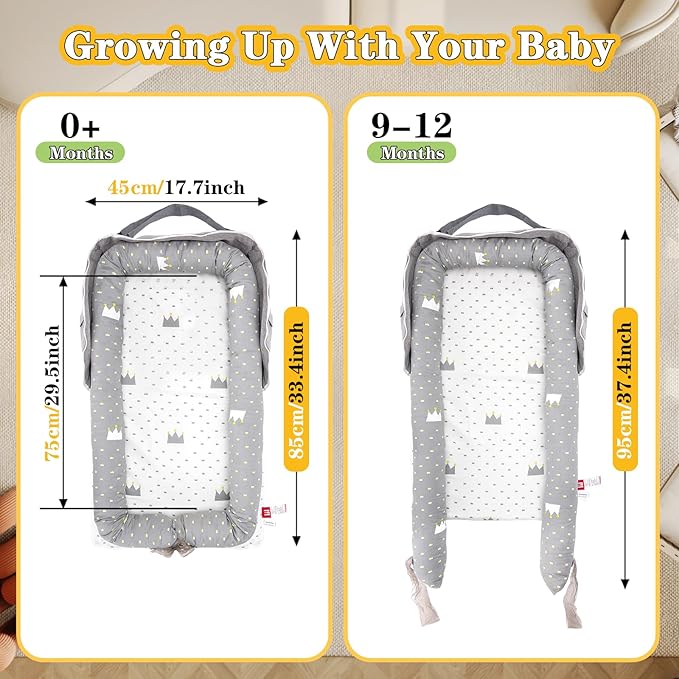 Baby Lounger for Newborn-Portable Baby Lounger 0-24 Months for Home and Travel,Newborn Loungers with Strap, Baby Nest Lounger Adjustable Size,Crown Grey