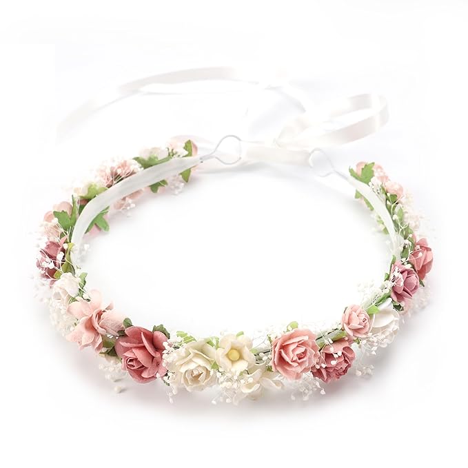 Toddler Flower Crown with Baby's Breath 1st Birthday Photo Prop Headpiece Baby Girls Floral Hair Wreath Rustic Wedding Headband for Toddler(40cm length)