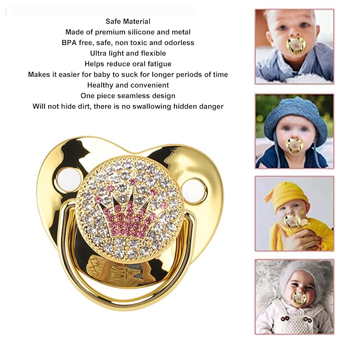 Baby Pacifier Symmetrical One Piece Design Nipple Shape Helps Promote Oral Development Ultra Light Soft Bling Silicone Newborn Pacifier for 6 to 18 Months Infant (Gold)