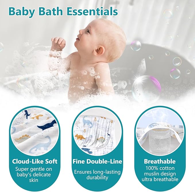 PHF 2 Pack Baby Hooded Towels, 100% Muslin Cotton Baby Bath Towel with Hood for Newborn, Infant, Toddler, Ultra Soft and Absorbent Baby Essentials Bath Towels for Boys, 32x32Inch, Dinosaur