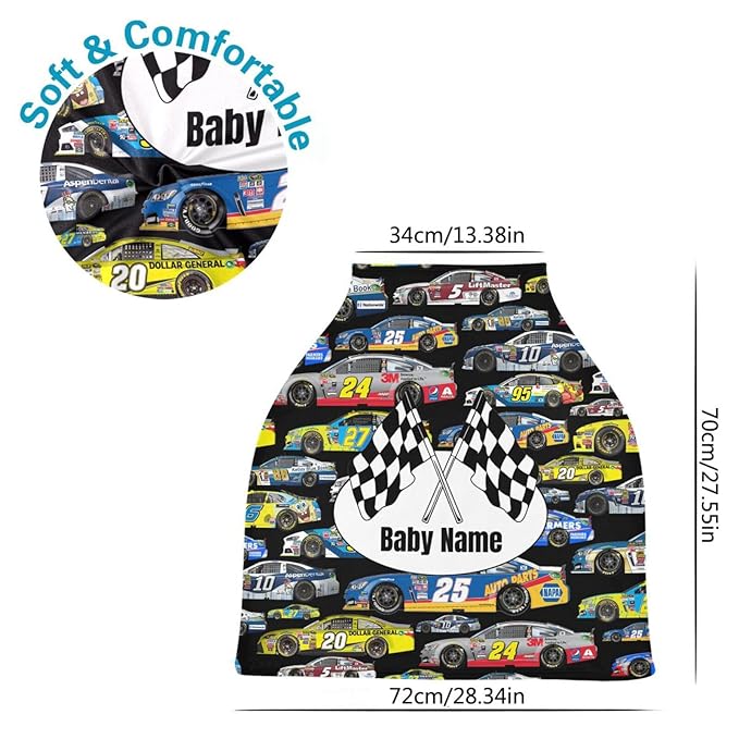Personalized Baby Car Seat Cover for Babies, Custom Name Baby Car Seats Canopy for Boys Girls, Nursing Breastfeeding Stroller Covers for Infant Newborn, Shower Gift for Baby (Car Racing)