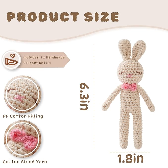 Moyii Handmade Crochet Bunny Baby Rattle - Soft Cotton Amigurumi Sensory Shaker Toy for Newborns & Infants - Easy Grip Lovey Sleep Toy & Neutral Nursery Decor Shower Gift