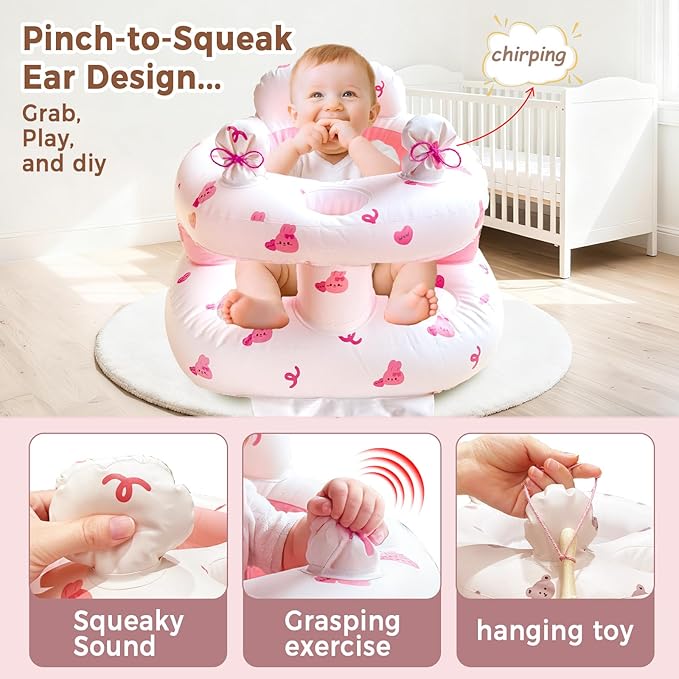 Inflatable Baby Seat for Babies 3-36 Months，[Squeaky Sound & Anti-Fall Design] Inflatable Chair with Sound-Making Ears, Baby Seat for Sitting-Up Practice, Built-in Air Pump (Pink Bunny)