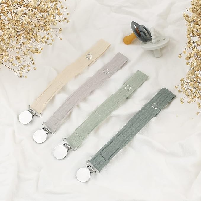 Baby Pacifier Clip Leash Holder Unisex for 4 Pack Gift Set with Neutral Solid Colors ;Soft Linen Pacifier Clips ; Fabric Pacifier Strap with Clip Keeps Pacifiers & Teethers in Place