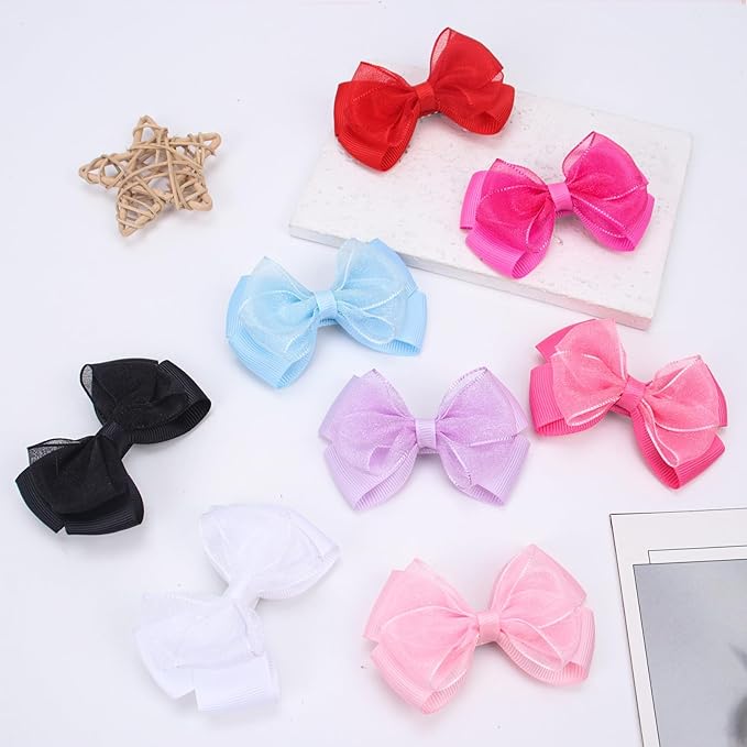 Tiny 3 Inch Organza Double Hair Bow Clips - Lined Boutique Alligator Hairpin for Baby Girls, Toddlers, and Little Teens - Kids Barrettes Set of 2 Small Stylish (Light Hot Pink)