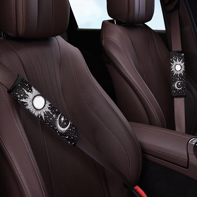 AFPANQZ 2pcs Car Seat Belt Pads Cover Universal Size Art Moon Sun Print Vehicle Seat Belt Comfort Shoulder Pads for Adults Children Seat Cushion Shoulder Straps Cushion for Bag Black