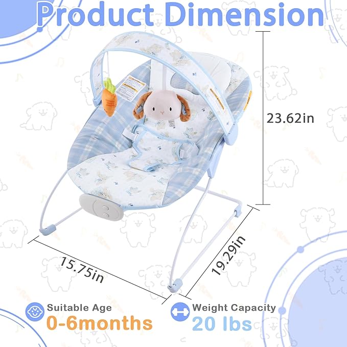 Baby Bouncer, Infants Bouncy Seat with Music and Vibrations,Portable Baby Rocker for Newborns Indoor Outdoor Use 0-6 Months Up to 20 lbs