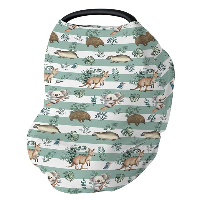 Australian Animals Tropical Leaves Car Seat Cover for Baby Koala Green Stripes Stretchy 5-in-1 Covers Adjustable Car Canopy Breastfeeding Cover Native Australia Breathable Nursing Cover-Up