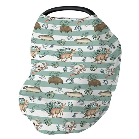 Australian Animals Tropical Leaves Car Seat Cover for Baby Koala Green Stripes Stretchy 5-in-1 Covers Adjustable Car Canopy Breastfeeding Cover Native Australia Breathable Nursing Cover-Up