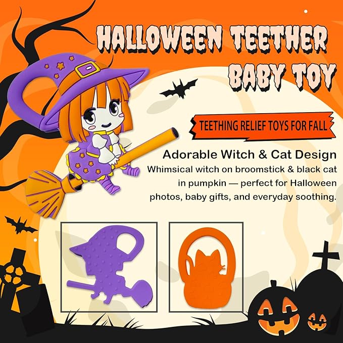 BIGSPINACH Halloween Teething Ring, Silicone Baby Teether with Witch and Cat Design, BPA-Free Infant Teething Toy, Easy to Hold,Safe for Babies and Toddlers (Colorful, Skull & Witch Hat) 2PC