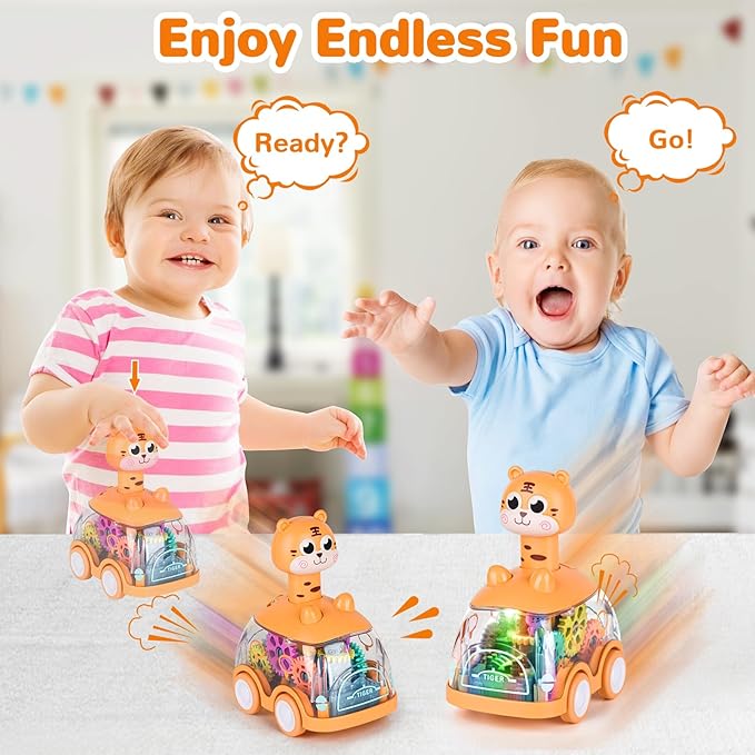ShinySong Baby Toy Cars Press and Go Car for Toddler, Light Up Toys Birthday Gifts for Kids Boys Girls, Tiger 2PCS