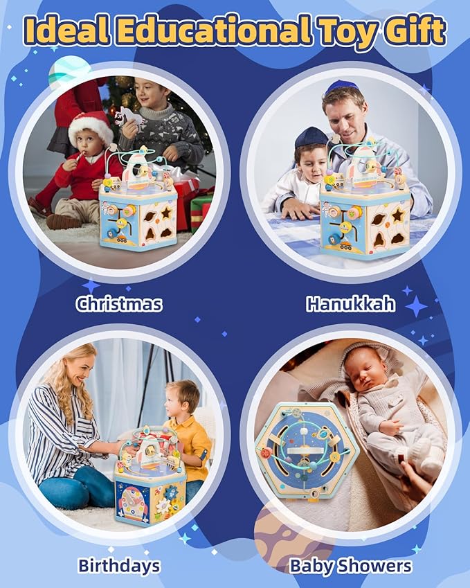 Gleamkid Large Wooden Space Activity Cube Toys, 9-in-1 Early Educational Montessori Learning Toys for 2 3 4 Toddlers with Abacus Bead Maze for 24+ Months Boys Girls First Birthday