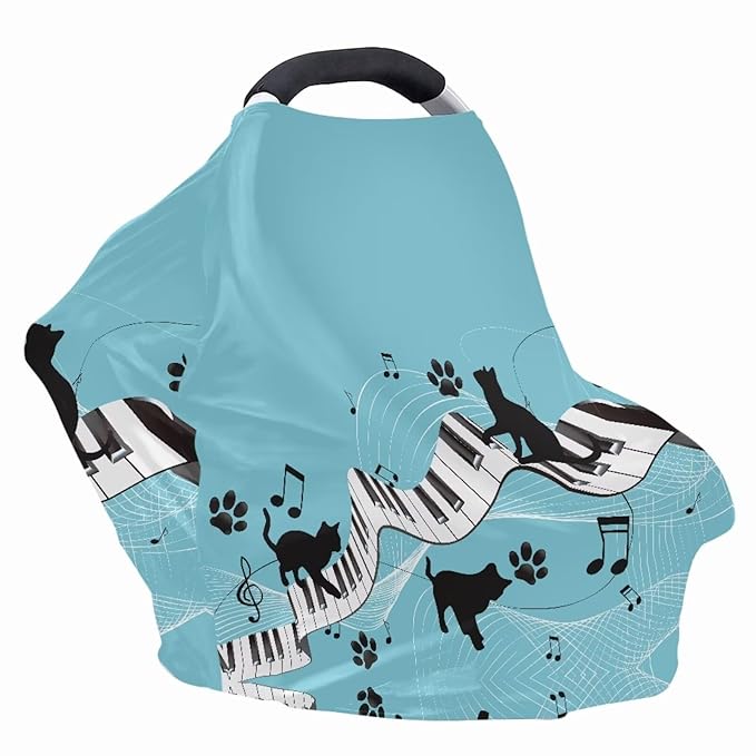 Forchrinse Black Cat Music Piano Carseat Cover for Baby,Stretchy Infant Car Seat Canopy,Nursing Cover Mom Privacy Breastfeeding Scarf Breathable