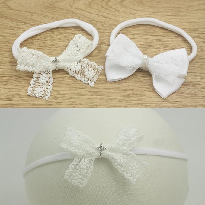 Newborn Girl Small White Lace Bow Baby girl Baptism Headband with Cross