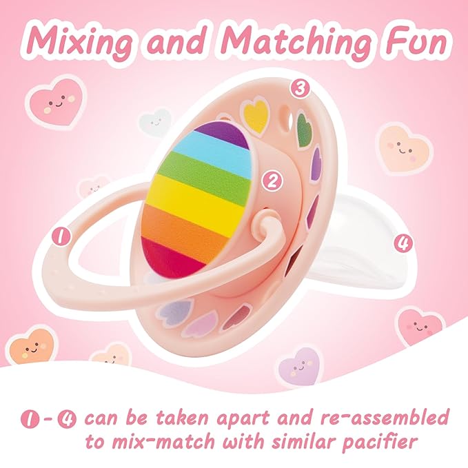 Adult Pacifier Silicone Nipple: Cute Rainbow Round Big Size Shield Binky for Anxiety - Heart Paci for Autism Sensory Stress Relief Gifts Pink with Case