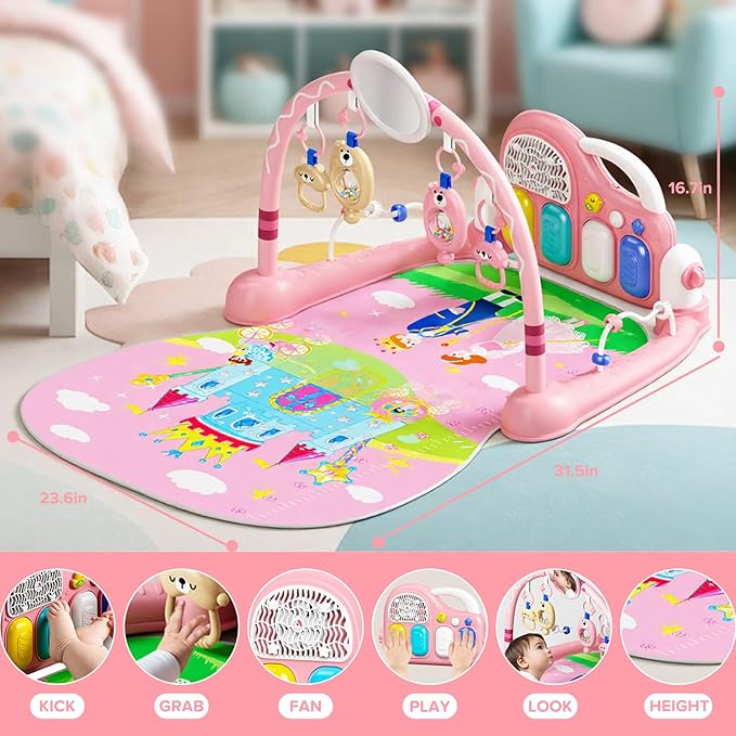 Baby Play Mat Kick and Play Piano Gym，Baby Floor Play Gym Tummy Time Mat，Baby Activity Mat with Music Lightsat and Sensory Toys Boy & Girl Gifts for Infant Newborn 0 to 3 6 9 12 Months (Pink)