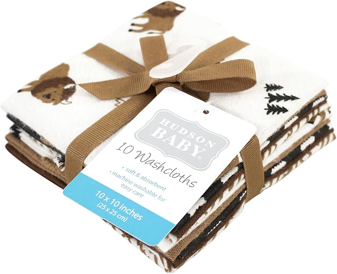 Hudson Baby Unisex Baby Flannel Cotton Washcloths, Wild Buffalo 10 Pack, One Size