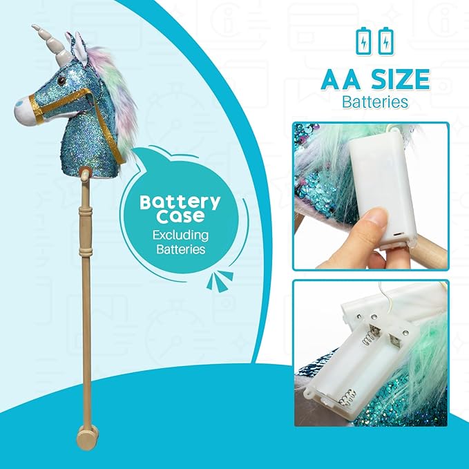 HollyHOME Sequin Unicorn Stick Horse Handcrafted Hobby Horse on a Stick with Wood Wheels Real Pony Neighing and Galloping Sounds Plush Unicorn Toy Blue 36 Inches(AA Batteries Required)