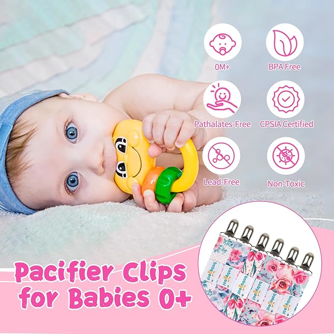 babygoal Baby Floral Pacifier Clips, 6 Pack Pacifier Holder Clip for Boys and Girls Fits Most Pacifiers and Binkies