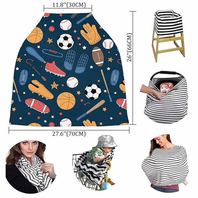 Sport Car Seat Covers for Babies Boy Girl Capony Covers Basketball Baseball Football Nursing Cover Breastfeeding Scarf Soft Breathable Stretchy Coverage, Infant Stroller Cover Shopping Cart