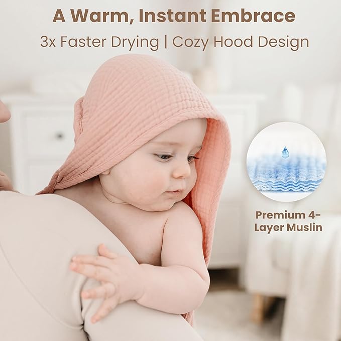 Konssy 2-Pack Muslin Hooded Baby Towels, 100% Cotton, Ultra-Soft & Absorbent Baby Bath Towels with Hood for Newborn & Infant (Pink, Stripe, 32" x 32")