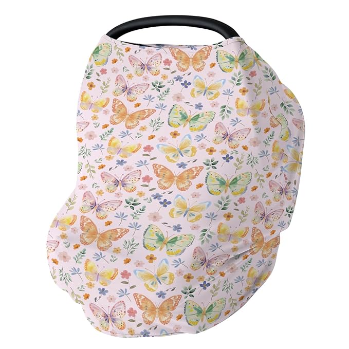 Watercolor Butterflies Spring Floral Baby Car Seat Covers Pastel Flowers Leaves Stretchy 5-in-1 Cover Adjustable Infant Carseat Canopy Cover Easter Garden Breathable Nursing Cover-Up Pink