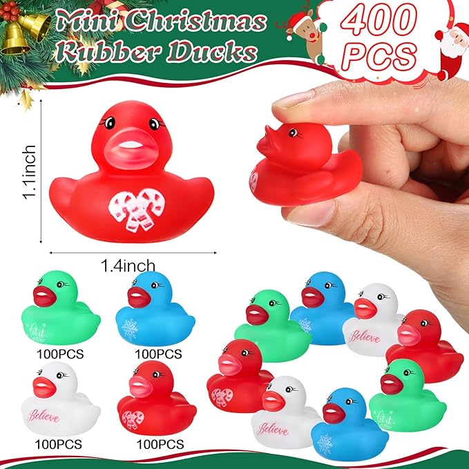 MiniInflat 200 Pcs Christmas Rubber Ducks Assorted Rubber Duckies Bulk Xmas Mini Pool Toy Ducks Small Tiny Ducky for Christmas Party Favors Classroom Exchange Gifts