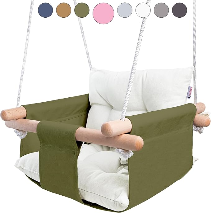CaTeam - Canvas Baby Swing, Wooden Hanging Swing Seat Chair with Safety Belt, Durable Baby Swing Chair, Outdoor and Indoor Swing for Kids, Mounting Hardware Included, Green