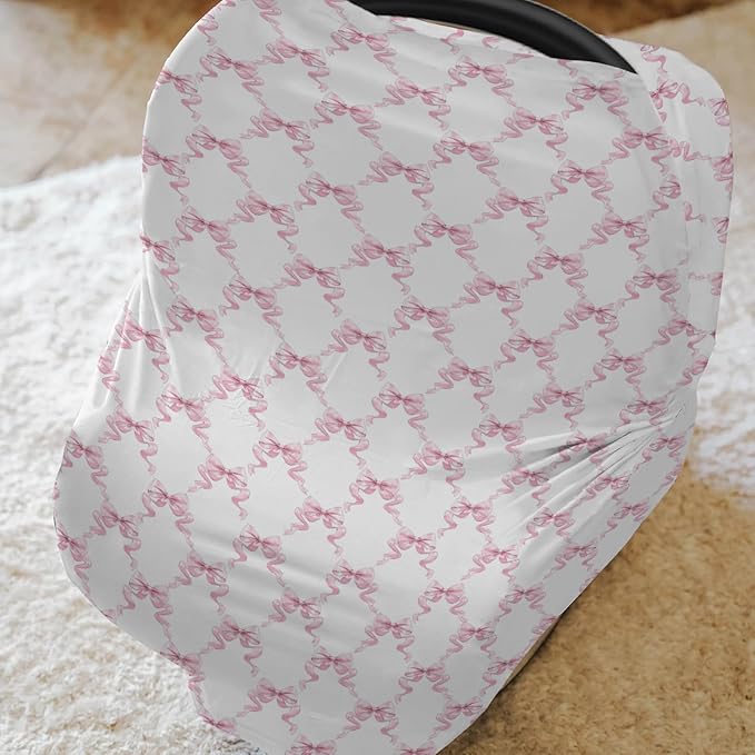 Pink Bows Ribbon Baby Car Seat Covers Pastel Baby Pink Ribbons Stretchy 5-in-1 Cover Adjustable Infant Carseat Cover Canopy Watercolor Bows Girly Breathable Nursing Cover-Up