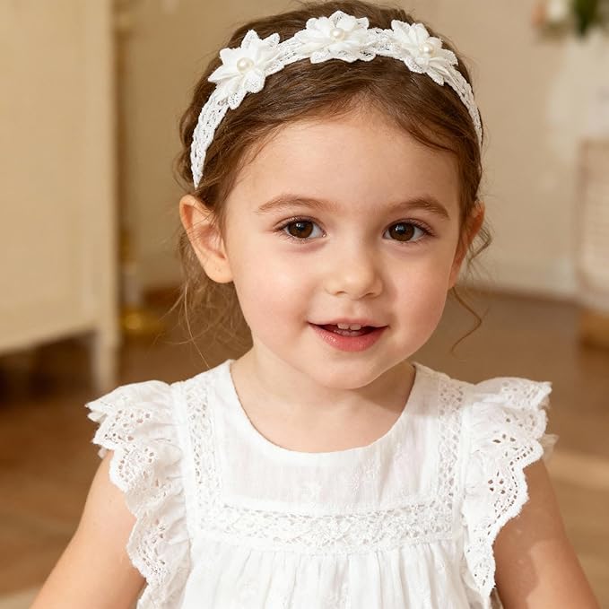 Baby Girls Hairband White Bow Lace Headbands Handmade Soft Stretchy Wide Head Band Newborn Hairbands with Bows Pearls Elastic Headband for Infant Hair Accessories（Three White Flowers）
