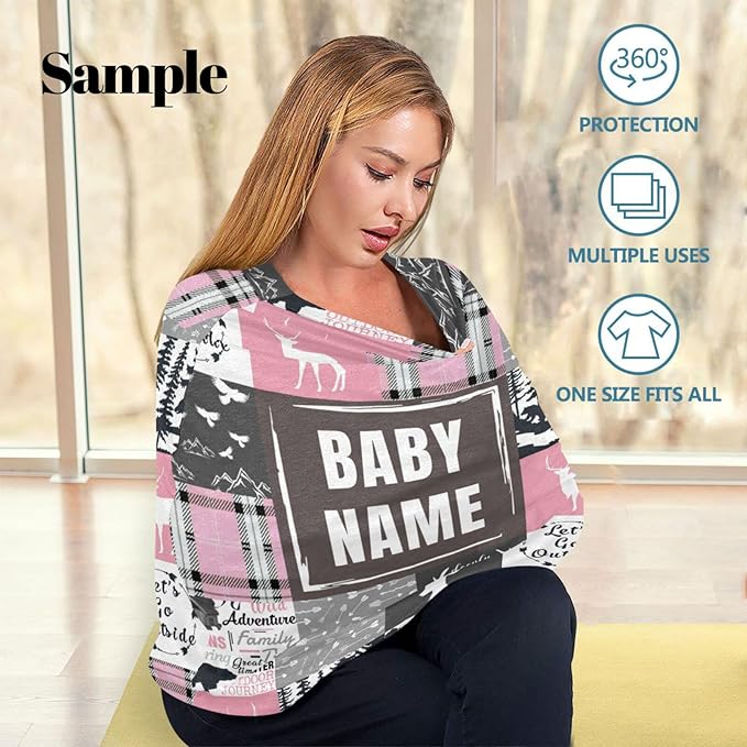 Personalized Baby Car Seat Covers with Name, Custom Nursing Cover Breastfeeding for Babies, Carseat Canopy for Girls, Infant Stroller Cover, Breathable Carseats Cover(Pink Woodland)