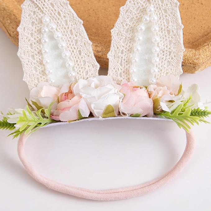 KIDOCHEESE Baby Girl Floral Easter Bunny Ears Headband Rabbit Ears Nylon Hairband for Newborn Infant Toddler Easter Hair Accessories Gift