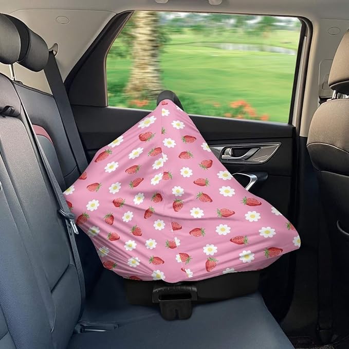 Carseat Cover for Babies, All Weather Breathable Infant Carseat Cover Lightweight Baby Carrier Cover for Girls Boys, Strawberry Daisy