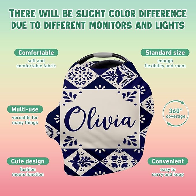 Custom Car Seat Covers for Babies - Breathable Baby Car Seat Cover for Girls Boys, Kick-Proof Newborn Carrier Canopy Stretchy Stroller Cover for 4 Seasons Deep Blue Flower