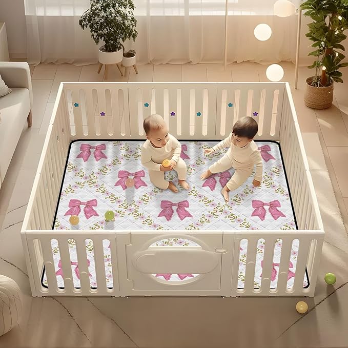 Baby Play Mat Bows Small Flowers Checkered Pink 50 x 50 Playpen Mat Baby Play Mats for Floor Play Gym Crawling Mat Non-Slip Cushioned Baby Playmat for Infants, Babies, Toddlers