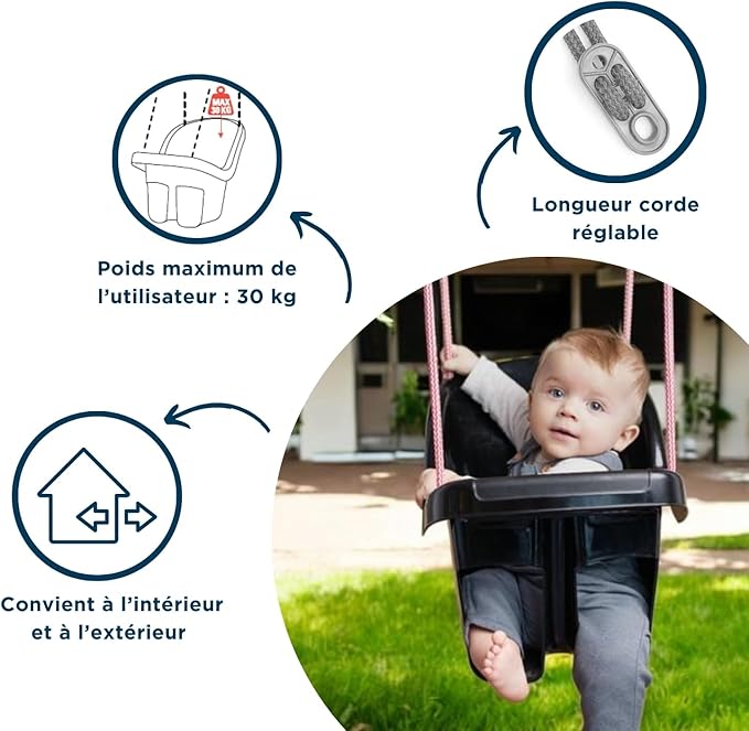 Thermobaby - Swing Seat - Toddler Swing - Baby Seat - 24 to 72 Months - Up to 30 kg - with Rope and Mounting Rings - Grey