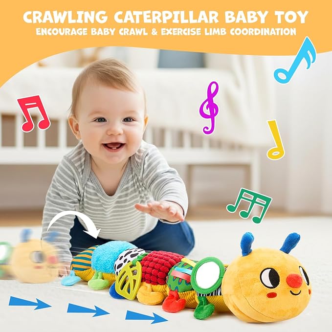 JoyCat Baby Toys 0-18 Months, Musical Crawling Caterpillar Plush Toy - 38 Songs & Recording Feature, Bouncing Tummy Time Toy, Sensory Toys with Crinkle & Textures for Newborn Boys Girl Shower Gifts