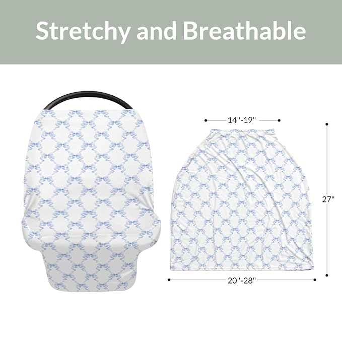 Blue Bows Ribbon Car Seats Cover for Babies Pastel Blue Ribbons Stretchy 5-in-1 Cover Adjustable Car Canopy Breastfeeding Cover Watercolor Bows Breathable Nursing Cover-Up