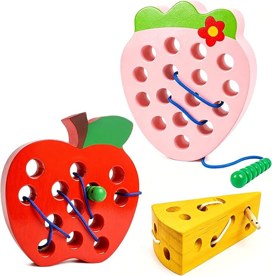 Wooden Lacing Toys for Toddlers,Toddler Travel Toys Car Plane Games Toys Montessori Educational Learning Fine Motor Skills for Boys Girls Ages 3+(3 Pack Threading Toys)
