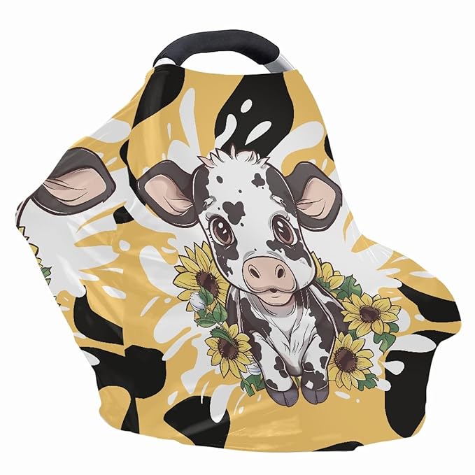 Wanyint Sunflower and Cute Cow Print Car Seat Covers for Babies,Nursing Breastfeeding Cover Infant Carseat Canopy Cover,Stretchy Nursing Cover for Baby