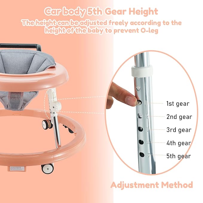 Baby Walker Foldable with 6 Adjustable Heights, Baby Walker with Wheels Portable, Infant Toddler Walker for Baby Boy Girls 6-18 Months (Pink)