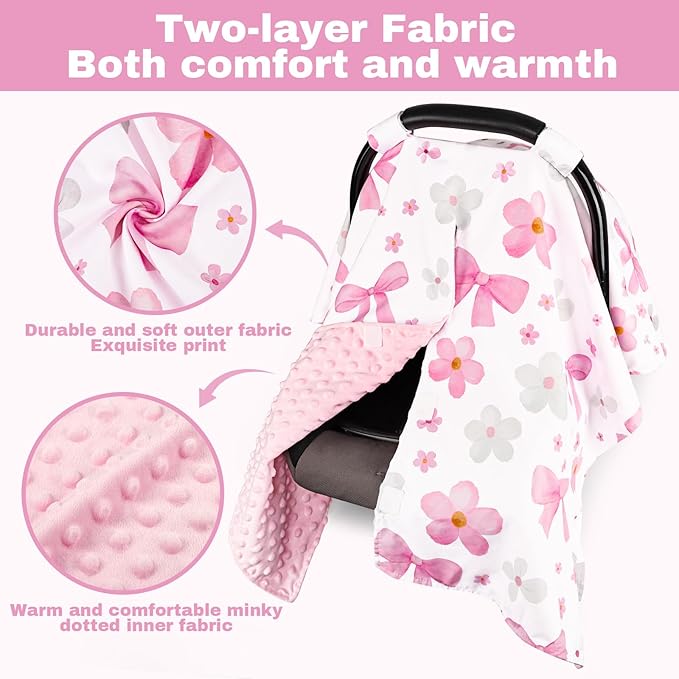 Hooyax Peekaboo Car Seat Cover for Baby Girl - Warm Minky Carseat Canopy with Adjustable Opening, Universal Fit for Infant Car Seats & Strollers, Soft Nursing Cover & Blanket (Pink Bow)