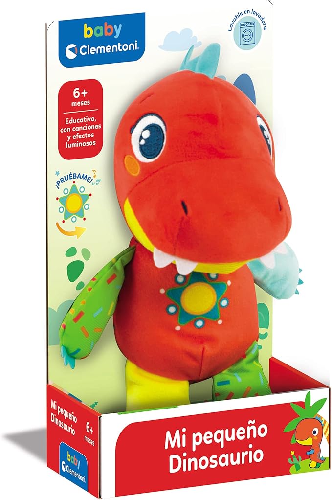 Clementoni, Baby T-Rex Interactive Baby Plush Dinosaur Shape with Interactive Buttons Including Educational Content, Voice and Songs, Baby Plush 6 Months, Toy in Spanish (55499)