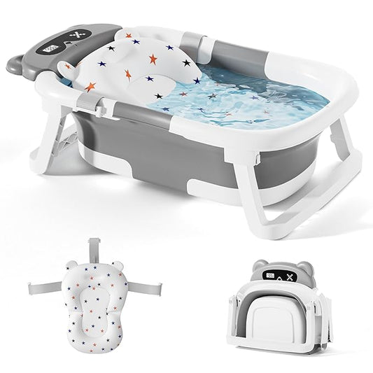 Baby Bathtub,Foldable Baby Bath Tub for Newborn to Toddler (0-18 Months) – Collapsible Infant Tub for Travel with Thermometer, Soft Cushion,Grey