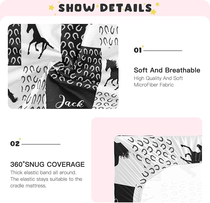 Personalized Pack and Play Sheets with Name, Custom Name Baby Mini Crib Sheets for Baby Boys Girls, Name Pack n Play, Fitted Sheet with Name, Soft and Breathable Material (Running Horse)